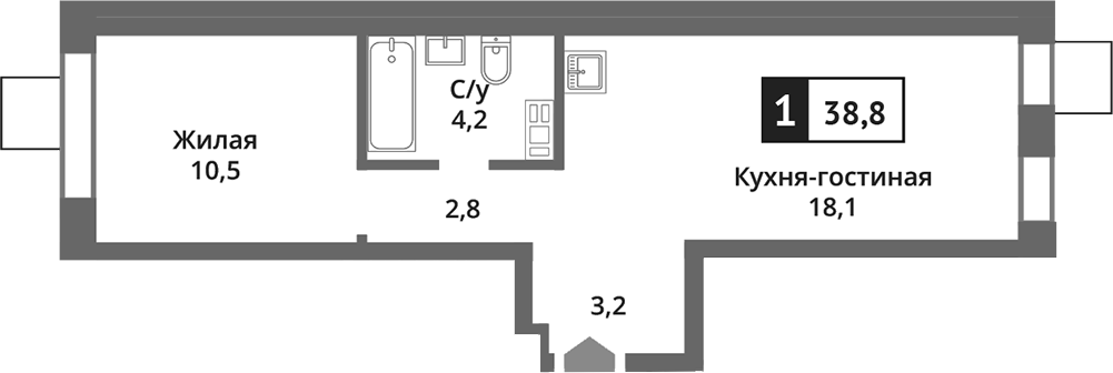 Планировка — Никольский квартал Отрада, 2-комн., 39 м²