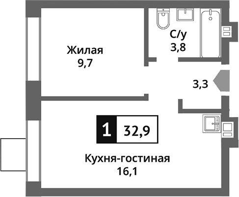 Планировка — Никольский квартал Отрада, 2-комн., 33 м²