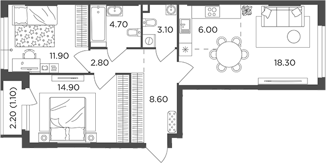 Планировка — Филатов Луг, 3-комн., 70 м²