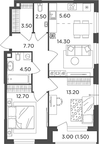 Планировка — Филатов Луг, 3-комн., 64 м²