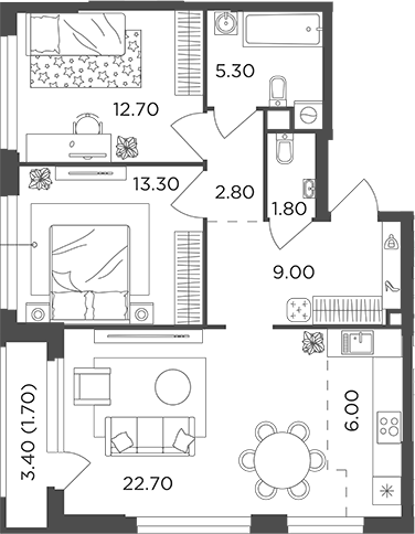 Планировка — Филатов Луг, 3-комн., 74 м²