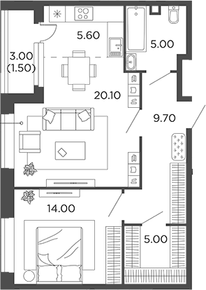 Планировка — Филатов Луг, 2-комн., 59 м²