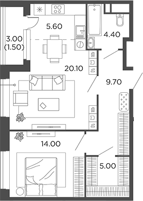 Планировка — Филатов Луг, 2-комн., 59 м²