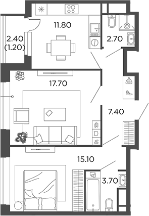 Планировка — Филатов Луг, 2-комн., 58 м²
