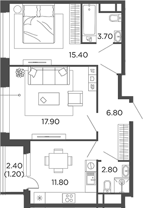 Планировка — Филатов Луг, 2-комн., 58 м²