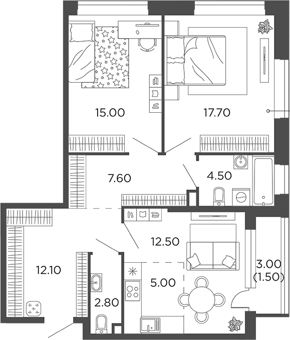 Планировка — Филатов Луг, 3-комн., 77 м²
