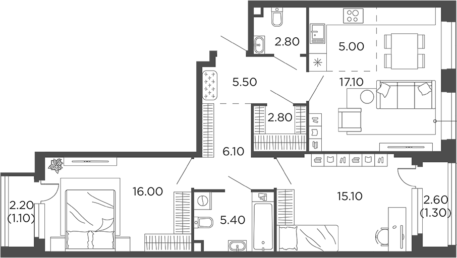 Планировка — Филатов Луг, 3-комн., 76 м²
