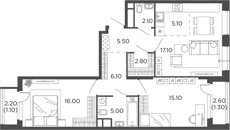 Планировка — Филатов Луг, 3-комн., 75 м²