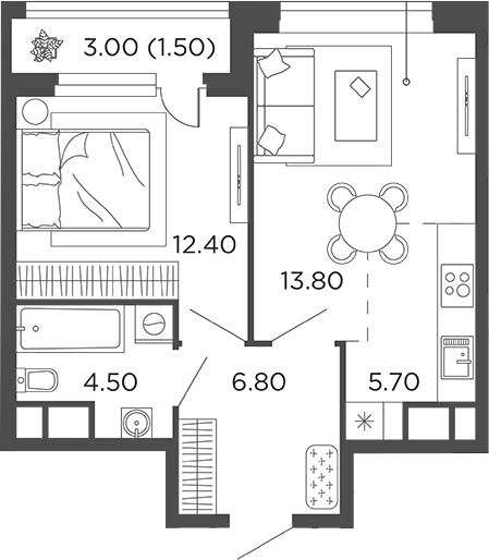 Планировка — Филатов Луг, 2-комн., 43 м²