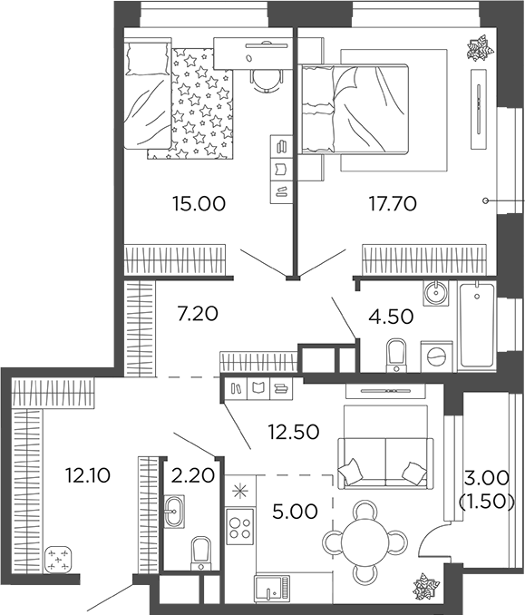 Планировка — Филатов Луг, 3-комн., 76 м²