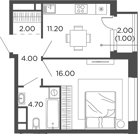 Планировка — Филатов Луг, 1-комн., 38 м²