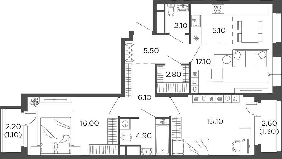 Планировка — Филатов Луг, 3-комн., 75 м²