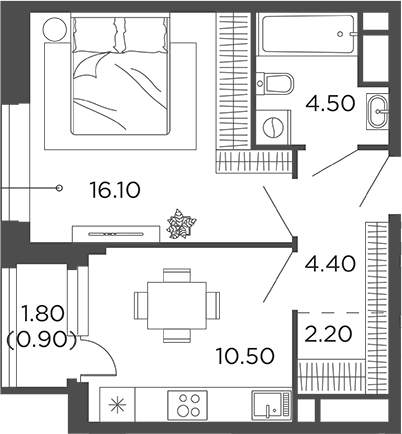 Планировка — Филатов Луг, 1-комн., 38 м²