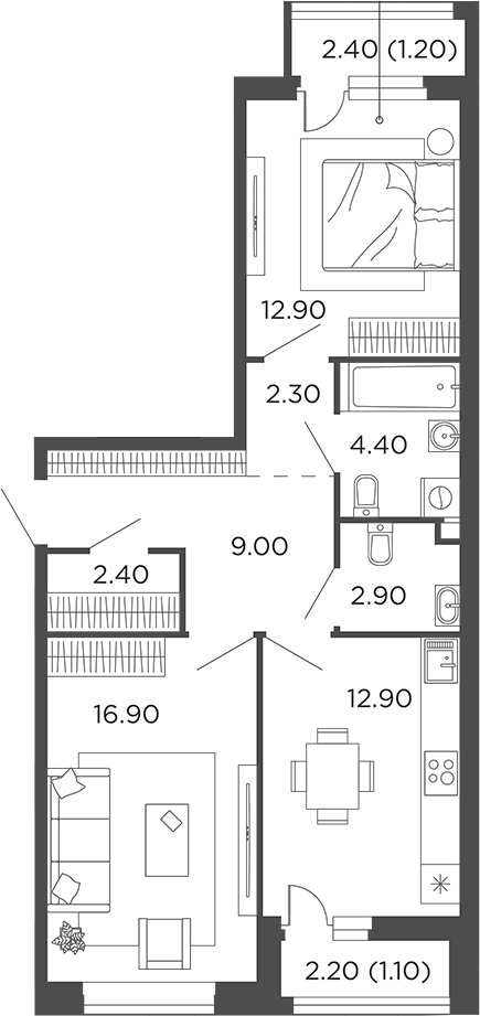 Планировка — Филатов Луг, 2-комн., 64 м²