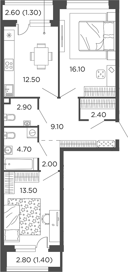 Планировка — Филатов Луг, 2-комн., 63 м²