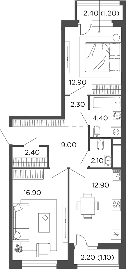 Планировка — Филатов Луг, 2-комн., 63 м²