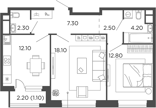 Планировка — Филатов Луг, 2-комн., 59 м²