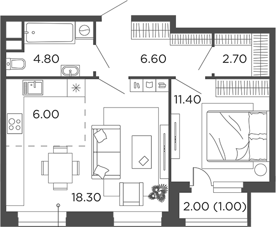 Планировка — Филатов Луг, 2-комн., 50 м²