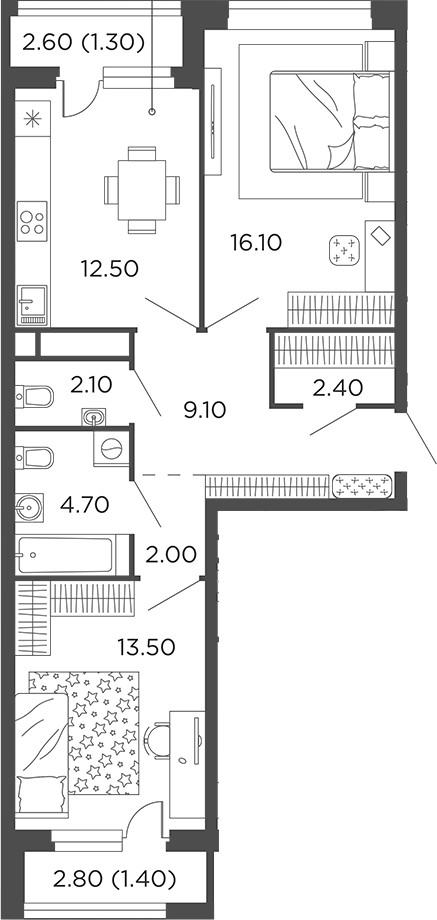 Планировка — Филатов Луг, 2-комн., 62 м²