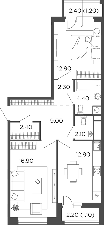 Планировка — Филатов Луг, 2-комн., 63 м²