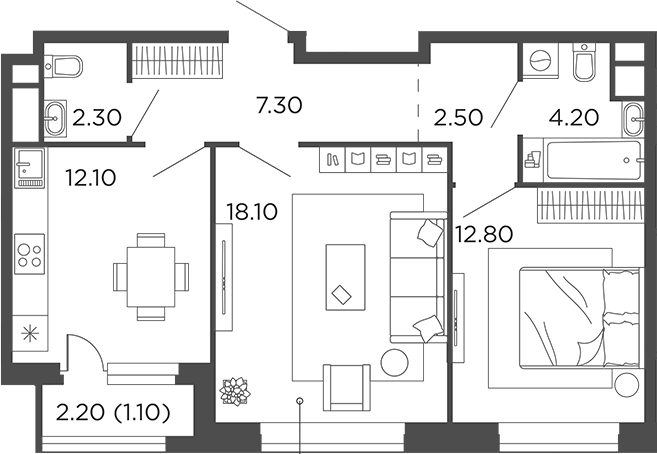 Планировка — Филатов Луг, 2-комн., 59 м²