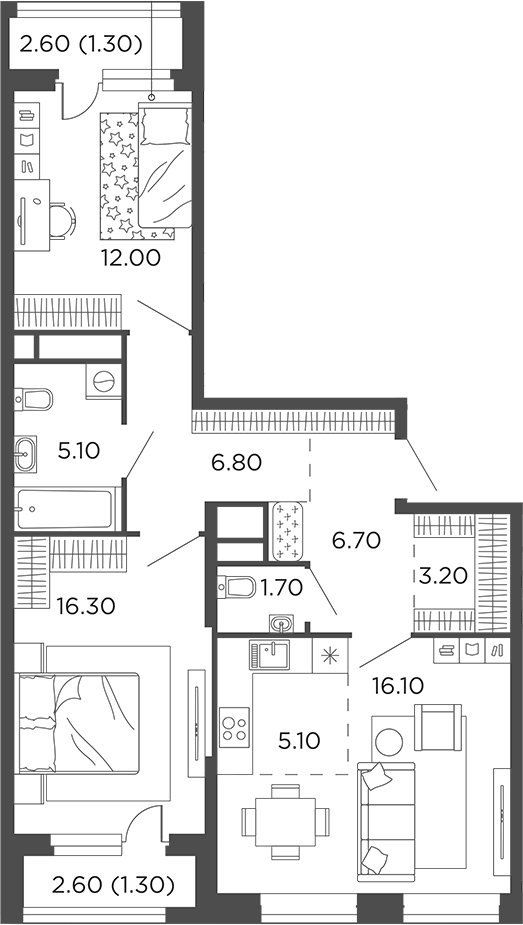 Планировка — Филатов Луг, 3-комн., 73 м²