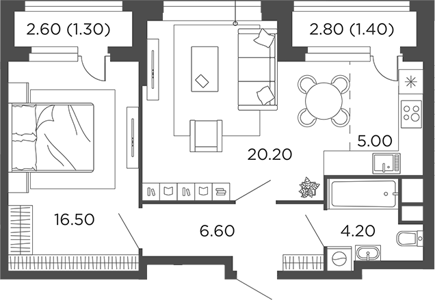 Планировка — Филатов Луг, 2-комн., 53 м²