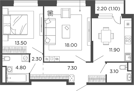 Планировка — Филатов Луг, 2-комн., 61 м²
