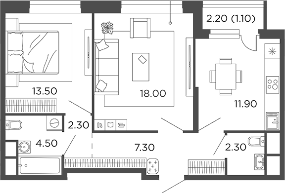 Планировка — Филатов Луг, 2-комн., 60 м²