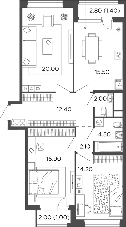 Планировка — Филатов Луг, 3-комн., 88 м²
