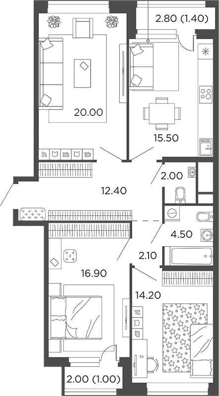 Планировка — Филатов Луг, 3-комн., 88 м²