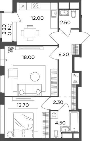 Планировка — Филатов Луг, 2-комн., 60 м²