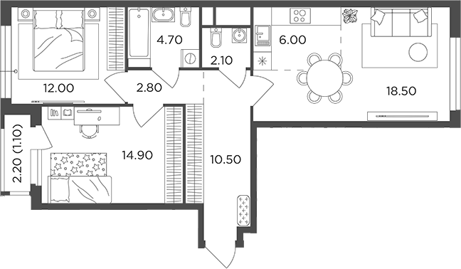 Планировка — Филатов Луг, 3-комн., 72 м²
