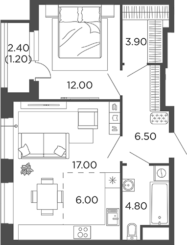 Планировка — Филатов Луг, 2-комн., 50 м²