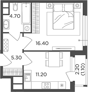 Планировка — Филатов Луг, 1-комн., 38 м²