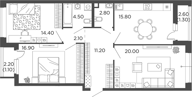 Планировка — Филатов Луг, 3-комн., 88 м²