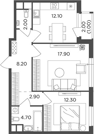 Планировка — Филатов Луг, 2-комн., 60 м²