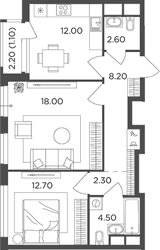 Планировка — Филатов Луг, 2-комн., 60 м²