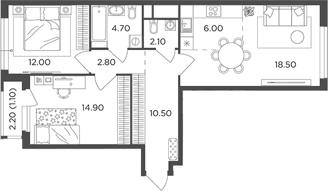 Планировка — Филатов Луг, 3-комн., 72 м²