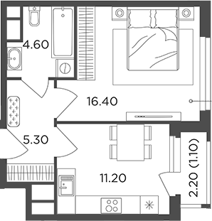 Планировка — Филатов Луг, 1-комн., 38 м²