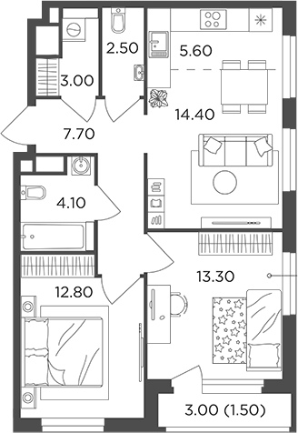Планировка — Филатов Луг, 3-комн., 63 м²