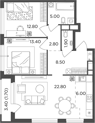 Планировка — Филатов Луг, 3-комн., 73 м²