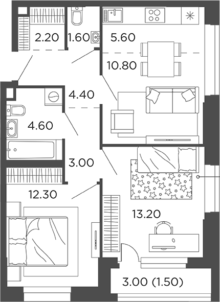 Планировка — Филатов Луг, 3-комн., 58 м²