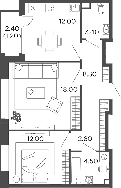 Планировка — Филатов Луг, 2-комн., 61 м²
