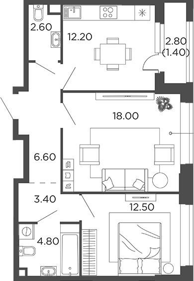 Планировка — Филатов Луг, 2-комн., 60 м²