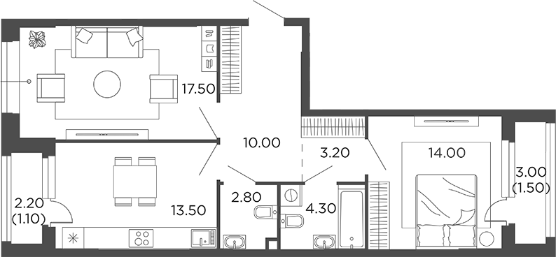 Планировка — Филатов Луг, 2-комн., 65 м²