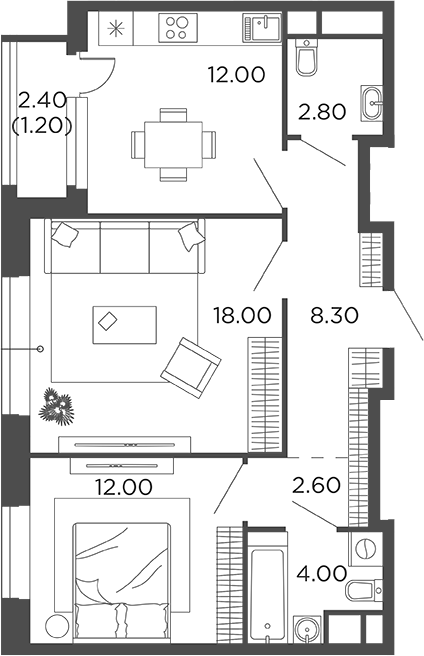 Планировка — Филатов Луг, 2-комн., 60 м²
