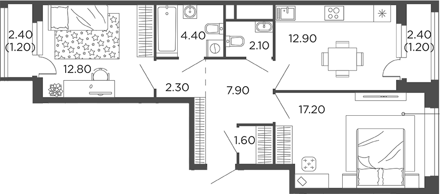 Планировка — Филатов Луг, 2-комн., 61 м²