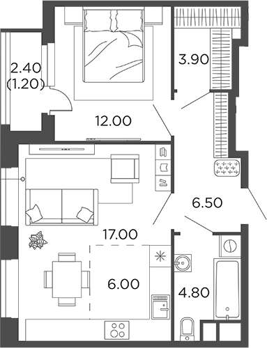 Планировка — Филатов Луг, 2-комн., 50 м²