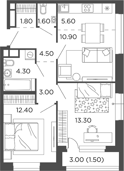 Планировка — Филатов Луг, 3-комн., 57 м²